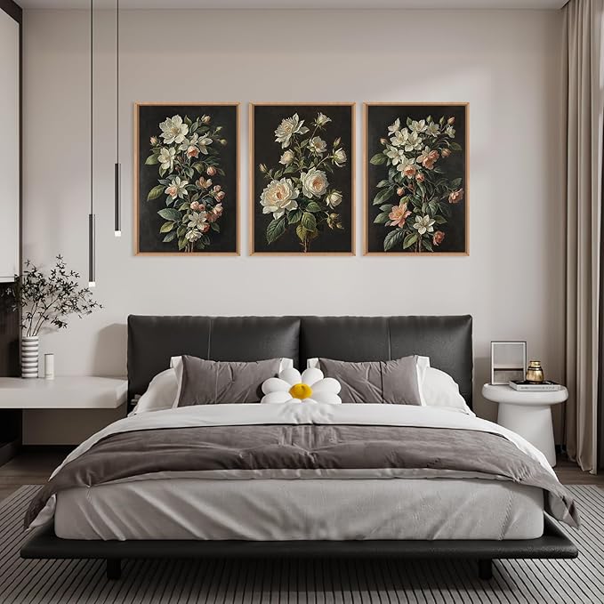 Moody Botanical Floral Framed Canvas Print Wall Art Set,Vintage Retro Dark Black Flowers Wall Decor,Nature Modern Elegant Wildflower Artwork for Living Room,Bedroom-16 x24 x3