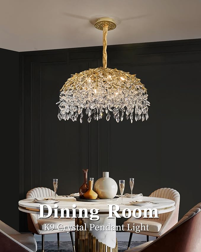 Modern Crystal Chandelier for Dining Room, 31.5" 10-Light Gold Tree Branch Chandeliers, Luxury K9 Crystal Rectangular Chandeliers for Kitchen Island Living Room