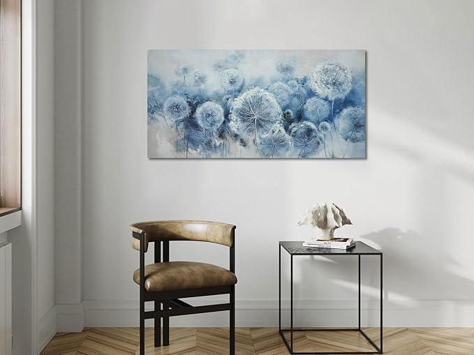 Arjun Wall Ar for Living Room, Dandelion Painting Flower Indigo Floral Canvas Art Wall Decor, Blue and White Textured Bedroom Artwork Framed for Home Office 48"x24"