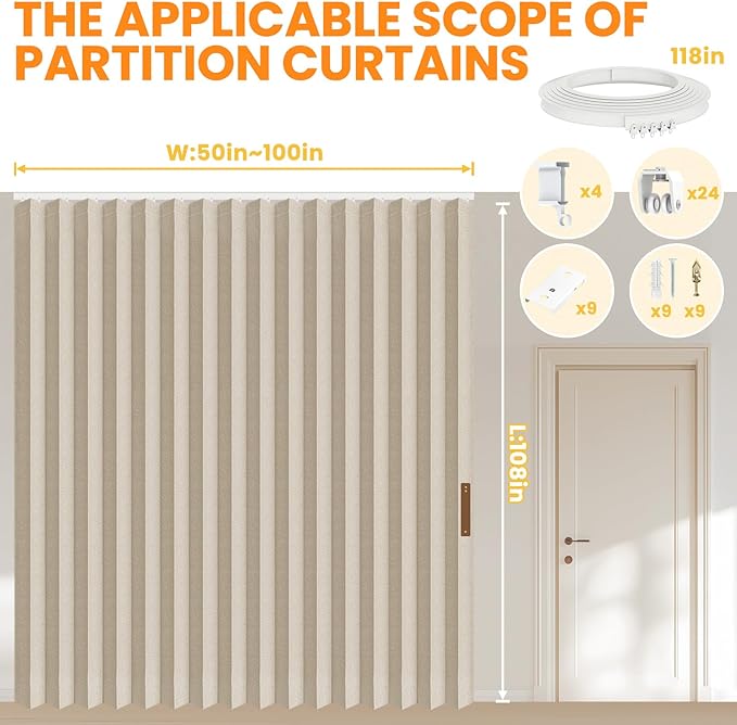 100% Blackout Room Divider Curtains Ceiling Curtain Track Sets Blackout Curtains Flexible Track Curtain Extra Wide(Beige, W100 x L108, 1 Pack)