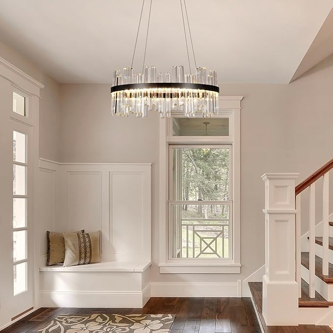 Black Modern Led Crystal Chandelier: 23.6" Round Contemporary 3 Color Dimmable Dining Room Light Fixture over Table - Adjustable Lighting Chandeliers for Bedroom Living Kitchen Island Entryway Foyer