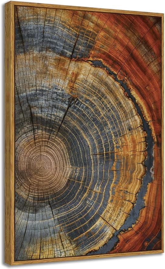 BingruiArt Framed Tree Ring Canvas Wall Art Red and Gold Abstract Wood Wall Decor Boho Modern Colorful Nature Prints Pictures Poster for Living Room Bedroom Bathroom Office 16"x24" Natural Framed(03)