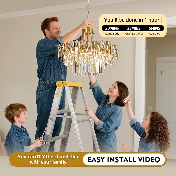 Modern Gold Round Crystal Dining room Chandelier - 19.7'' Luxury Raindrop K9 Crystals Chandeliers,Contemporary 3 Tier Ceiling Light Chandelier for Living room Bedroom Foyer Entryway (Include bulbs)