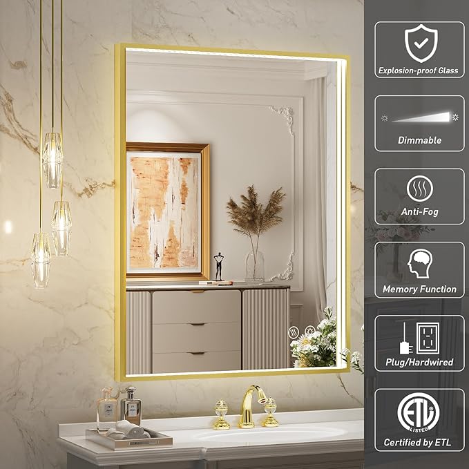 36x28 Inch LED Bathroom Mirror with Light,Gold Metal Frame Lighted Vanity Mirror, Anti Fog Design&Dimmable&Touch Switch