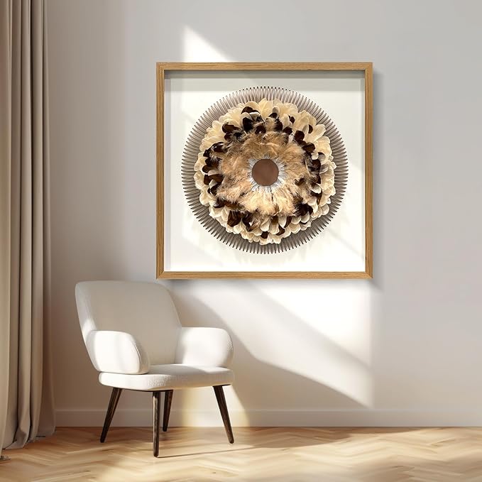 BrightA Handmade Bohemian Wall Art Circular Feather and Leather Wall Sculpture with Organic Textured Gray Backdrop Boho Decor for Living Room Study Spaces 31.5"x31.5"