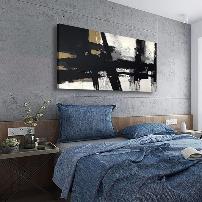 Black and White Abstract Pictures Canvas Wall Art for Living room Office Bedroom Wall Decor,Abstract Wall Art Print Paintings Modern Black Yellow Artwork Waterproof Ready to Hang-28X57 inch