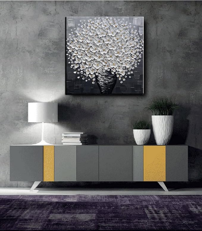 Modern White Floral Wall Art Canvas, 3D Textured Flowers in Black Vase, Hand-Painted Bouquet Painting for Living Room