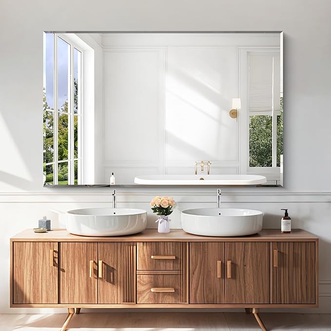 KOCUUY Beveled Mirror, 55x36 Inch Large Frameless Bathroom Mirror for Over Sink, Upgraded Shatterproof Beveled Unframed Design Mirror for Bathroom, Bedroom, Hang Horizontal/Vertical