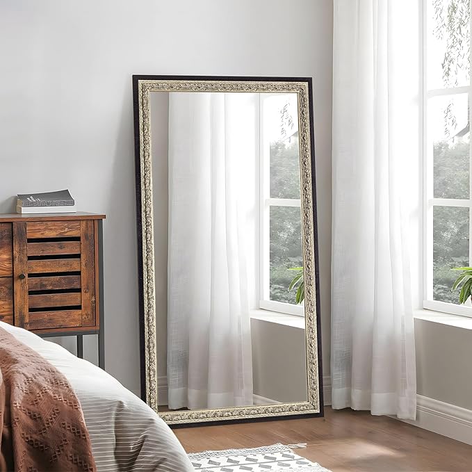 Black Large Vintage Wall Mirror Decor, 51.5"x28" Ornate Decorative Mirror with Silver Foil Carvings Wooden Frame, Handmade Aging, for Dining Room, Fireplace, Bathroom and Bedroom