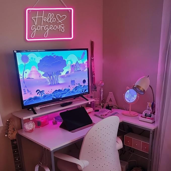 Lucunstar Hello Gorgeous Neon Sign,Led Sign,Pink Led Neon Light for Wall Decor,Neon Signs for Wall Decor,Light Sign for Wedding,Dimmable Switch USB with Neon Sign for Bedroom,Home Decor