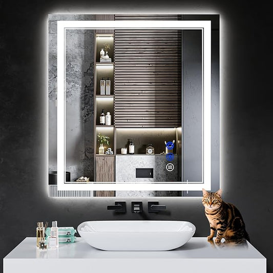 32"x30" LED Bathroom Mirror with Anti-Fog, Stepless Dimmable Lights, 3 Color Modes, Shatter-Proof Tempered Glass, Memory Function & Waterproof Design