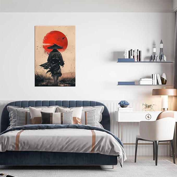 Japanese Wall Art Samurai Painting Canvas Prints Japaneses Martial Pictures Culture Art Posters Artwork Home Decor Framed for Living Room Bedroom Office (24''W x 36''H)