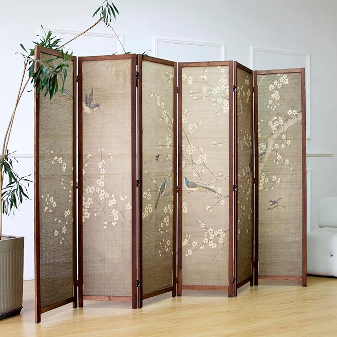 6 Panel Room Divider Screen and Folding Panel Screen,Double Sided Bamboo Divider for Room Separation,White Plum and Birds,67" H x 63" W,67" H x 94.5" W