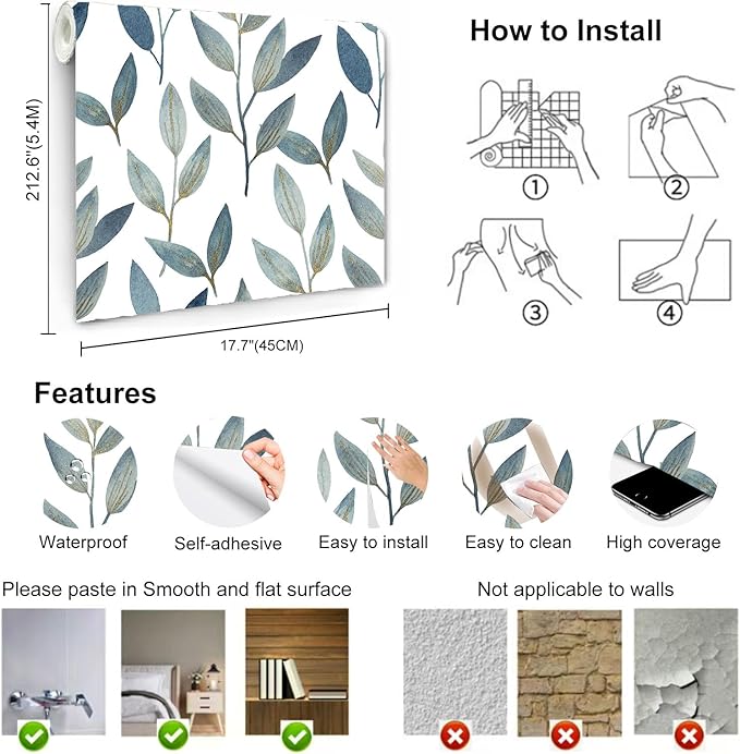 Blue and Gold Leaf Peel and Stick Wallpaper Waterproof Removable Self Adhesive Vinyl Contact Paper for Walls Boho Modern Decor for Bathroom Bedroom or Living Room 17.7"x212.6"