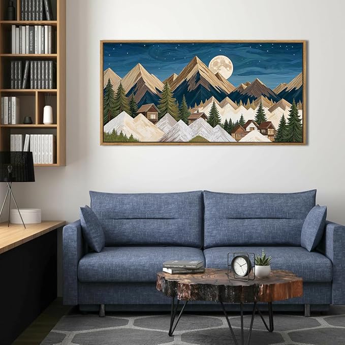 Large Mountain Wall Art Framed Rustic Wood Mountain Wall Decor for Living Room Bedroom Dining Room Office 20x40 Inch Single Artwork