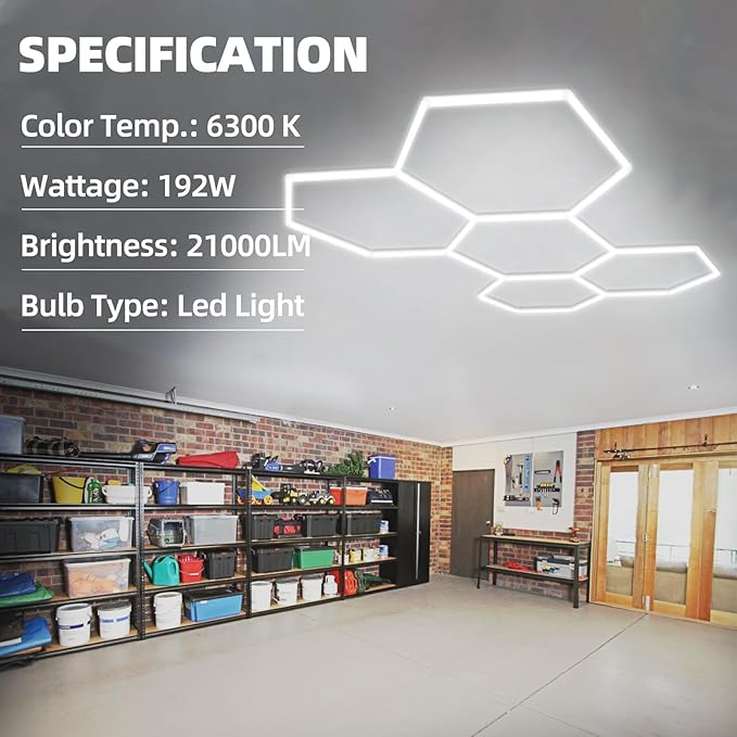 Modern Hexagon LED Garage Light Fixture, 192W 21000LM 25 Pack Honeycomb Ceiling Light for Garage, Basement, Gaming Room, Warehouse, Gym, 5 Hexagon