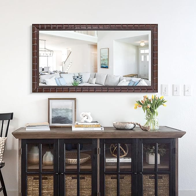 Large Brozne Decorative Mirror for Living Room, 53'' x 29'' Antiuqe Dining Room Mirrors with Bamboo-Joint Frame, Classic Vintage Brozne Wooden Mirror for Entryway, Fireplace, Horizontal/Vertical