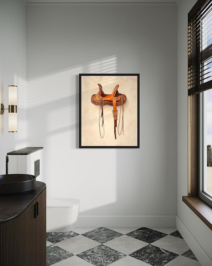 Cowboy Saddle Art Print Poster Wall Art, Western Country Farmhouse Wild West for Bedroom, Bathroom, Living Room Art Decor 58 (Cowboy Saddle, 16 x 20 inches, Black Frame)