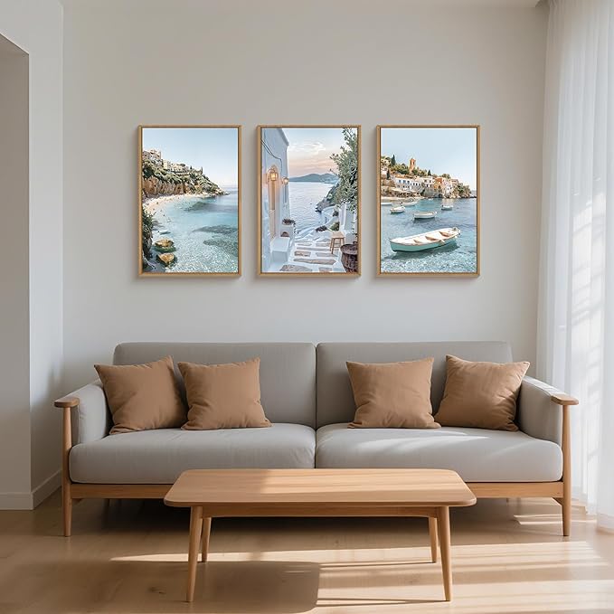 Aryroi Natural Coastal Ocean Framed Canvas Wall Art Set,Modern Whitewashed Architecture Scenery Wall Decor, Mediterranean Beach Boat Landscape Artwork for Living Room, Bedroom,Farmhouse- 16"x24"x3