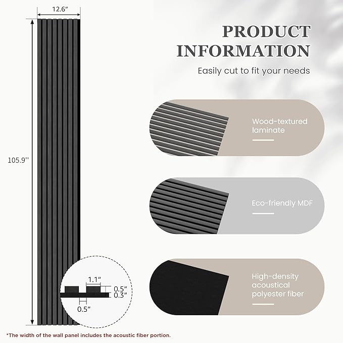 2 Pack 105.9" x 12.6" x 0.8" Acoustic Wall Panels Sound Absorbing, Wood Slat Wall Panels for Wall Decor, Soundproof Wood Wall Panels, Dark Gray