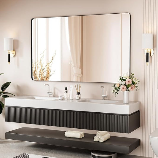 Black Bathroom Mirror 60X36 Inch Bathroom Vanity Mirror for Wall, Metal Frame Large Mirror, Tempered Glass, Modern Wall Mirror for Bathroom, Farmhouse, Horizontally or Vertically Hanging