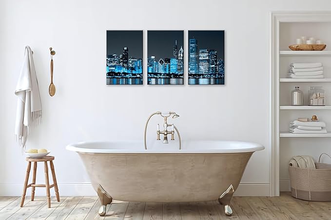 NAN Wind Modern Office Decor Chicago Skyline Canvas Art Chicago City Center Skyline Canvas Prints Cityscape Wall Decorations Blue Wall Decor for Living Room Pictures for Bedroom Decorations