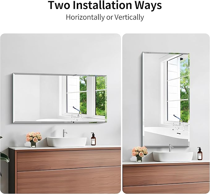KOCUUY Beveled Mirror, 20x40 Inch Frameless Bathroom Mirror for Over Sink, Upgraded Shatterproof Beveled Unframed Design Mirror for Bathroom, Bedroom, Hang Horizontal/Vertical
