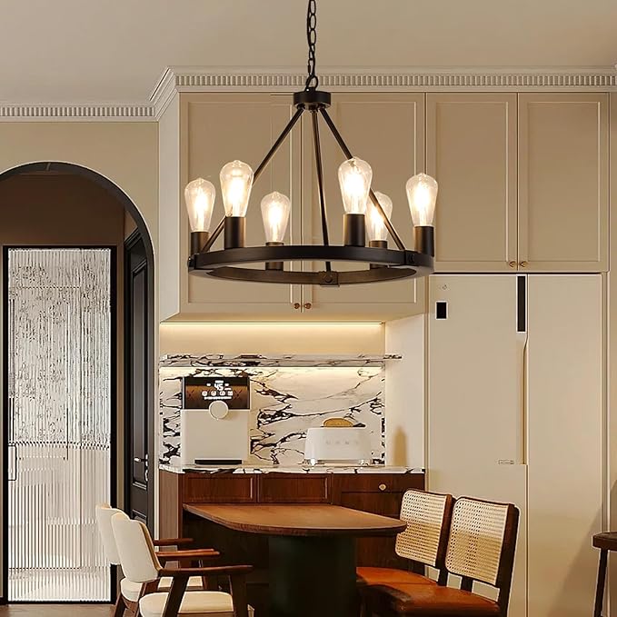 9MMML Black Wagon Wheel Chandelier, 6-Light Industrial Pendant Light, 20'' Farmhouse Ceiling Hanging Chandelier Light Fixture for Living Room, Bedroom, Entryway, Foyer