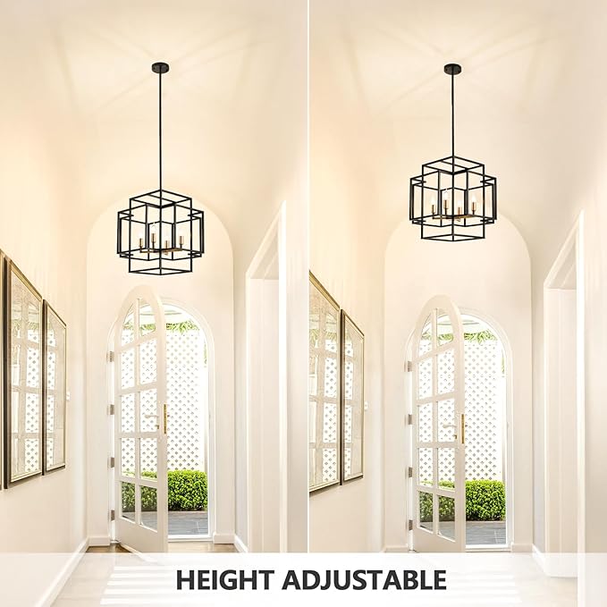 4-Light Black and Gold Chandelier, Modern Dining Room Light Fixture, Farmhouse Hanging Lantern Pendant Light, Industrial Ceiling Foyer Chandeliers, for Kitchen Island,Staircase,Entryway