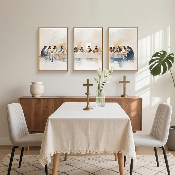 Large Watercolor Jesus Last Supper Scene Framed Canvas Wall Art Set,Jesus and Twelve Apostles Wall Decor,Christmas Religious Bible Story Artwork for Living Room,Bedroom,Church-24 x36 x3