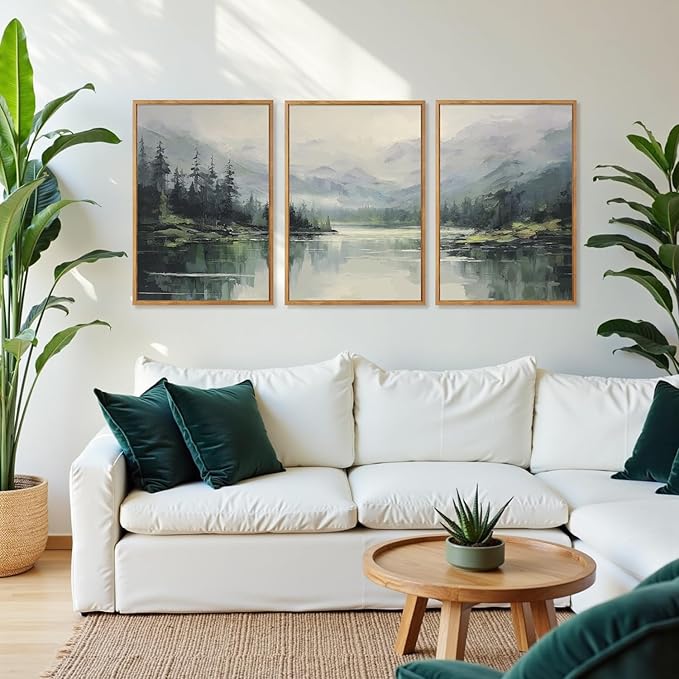 Aurlan Green Pine Trees Forest Landscape Framed Wall Art(16"x24"), 3PCS Abstract Mountain Lake Canvas Artwork, Large Watercolor Modern Nature Scenery Decor for Office Home