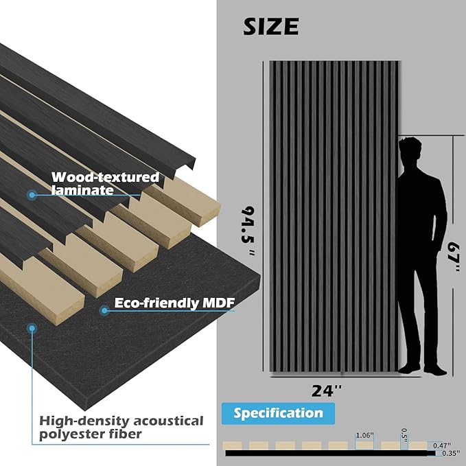 Art3d 2-Pack 94.5" x 24" Acoustic Wood Panels for Wall, 31 sq.ft Soundproof Wood Slat Panels, 3D Fluted Sound Absorbing Paneling for Interior Wall Decor, Living Room, Bedroom - Blackwood