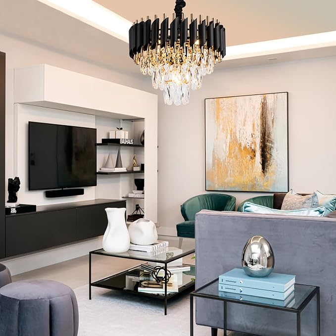 15" 5-Light Modern Crystal Chandelier Light Fixtures 3-Tier Black Gold Luxury Chandeliers for Dining Room Round Hanging Pendant Lighting for Living Room Kitchen Entryway Bedroom Hallway