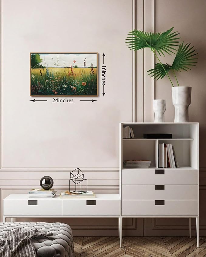 KISSFOX Vintage Wildflower Field Landscape Framed Wall Art Summer Countryside Meadow Canvas Art Farmhouse Rustic Paintings Artwork Nature Serene Art Prints For Kitchen Living room Bedroom