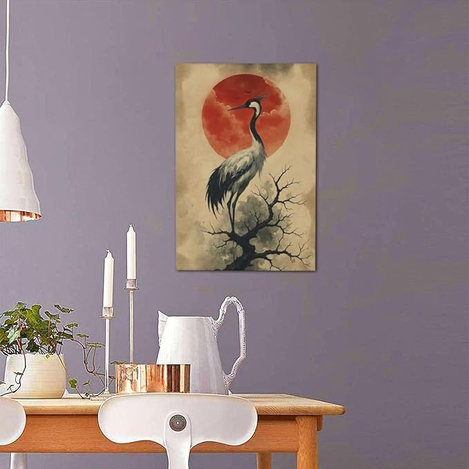 Japanese Crane Wall Art Oriental Asian Wall Decor Sandhill Crane Canvas Pictures Paintings Prints Japan Traditional Aesthetic Artwork Framed Chinese Decorations For Bedroom Living Room Office Gifts 16" x 24"