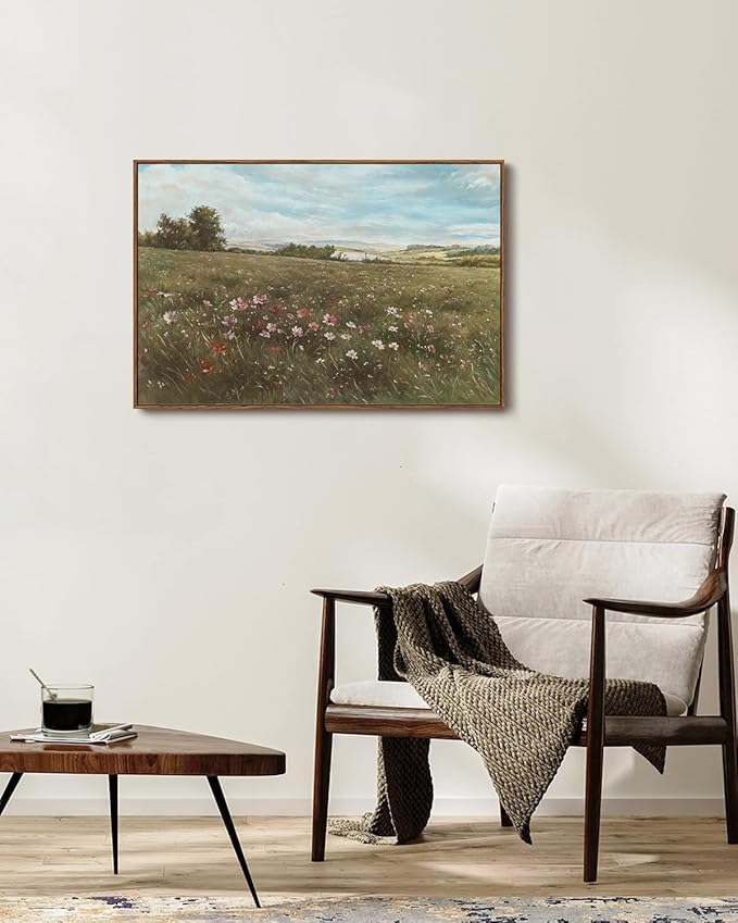 KISSFOX Vintage Landscape Canvas Wall Art Farmhouse Colorful Wildflower Meadow Framed Wall Art Summer Natural Serene Countryside Paintings Artwork Rustic Art Prints For Bedroom Bathroom Living Room