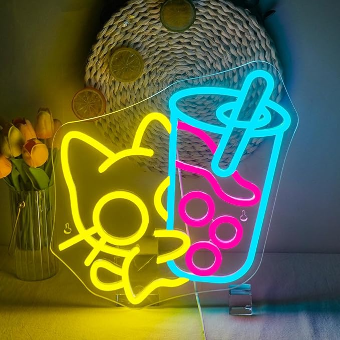 Looklight Cat Boba Tea Neon Sign Yellow Cute Kitty Bubble Tea Neon Signs for Wall Decor LED Neon Light Bar Sign Light Up Signs for Dimsum Store Bar Milk Tea Shop