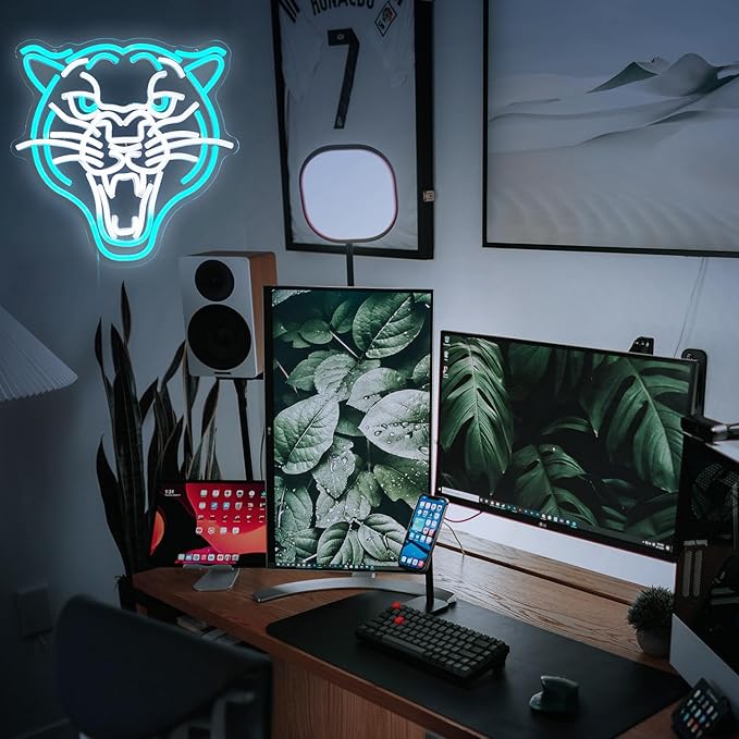 Leopard Neon Sign Dimmable LED Animal Signs for Wall Decor White Ice Blue Cool Leopard Neon Light USB Powered Light Up Leopard Sign for Living Room Man Cave Toy Shop Game Room Decor (12.8''*12.8'')