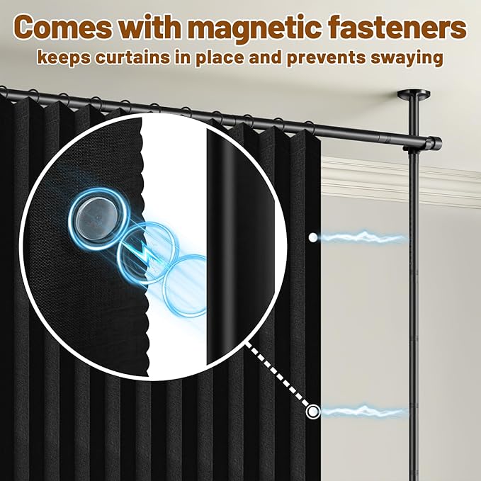 AJAZZ Room Divider Curtain (Black, W100 x L96 in, 1 Panel)+ Tension Curtain Rod No Drilling (H) 43-120×(W) 35-100 in, for Privacy/Soundproof Curtains, Heavy Duty Wall Separator