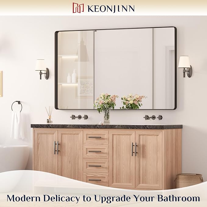 Keonjinn Black Bathroom Mirrors for Over Sink, 60” x 36” Large Matte Black Mirror for Wall, Rounded Rectangle Farmhouse Vanity Mirror, HD Tempered Glass Modern Decorative Mirror(Horizontal/Vertical)