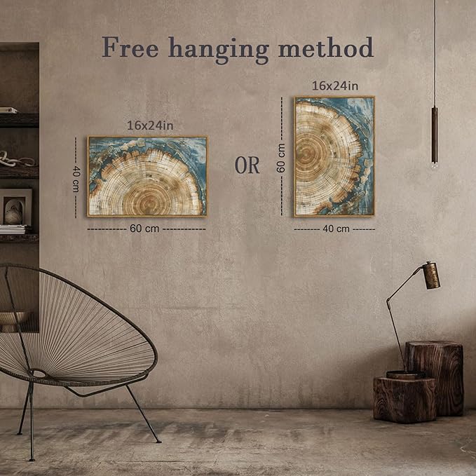 BingruiArt Framed Tree Ring Canvas Wall Art Abstract Wood Wall Decor Boho Modern Colorful Nature Painting Wood Stump Prints Pictures for Living Room Bedroom Bathroom Office 16"x24" Natural Framed(08)