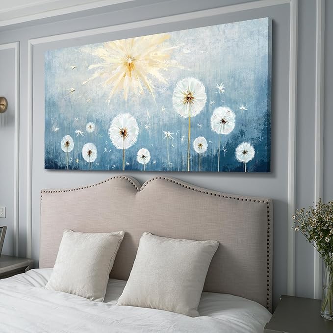 Nicetop Oversized Wall Art for Living Room – Extra Large Blue and White Floral Landscape Canvas Print, Botanical Wildflower Dandelion Picture, Nature Artwork for Big Bedroom Office Decor, 58x29 Inch
