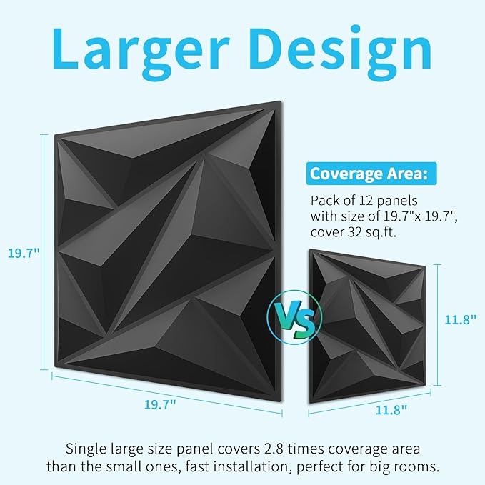 Art3dwallpanels PVC 3D Wall Panel Diamond for Interior Wall Décor in Black, 19.7" x 19.7" Wall Decor PVC Panel, 3D Textured Wall Panels, Pack of 12 Tiles