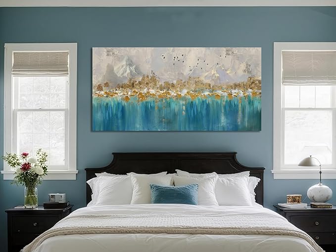Arjun Abstract Canvas Wall Art for Mens Room, Gold Mountain Hand Painted Textured Large Bedroom Painting Artwork Framed Home Office Wall Decor, 48"x24"