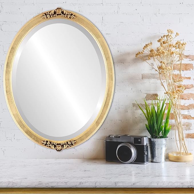 OVALCREST Oval Beveled Wall Mirror for Home Decor - Athena Style - Gold Leaf - 18" x 14" Outside Dimensions