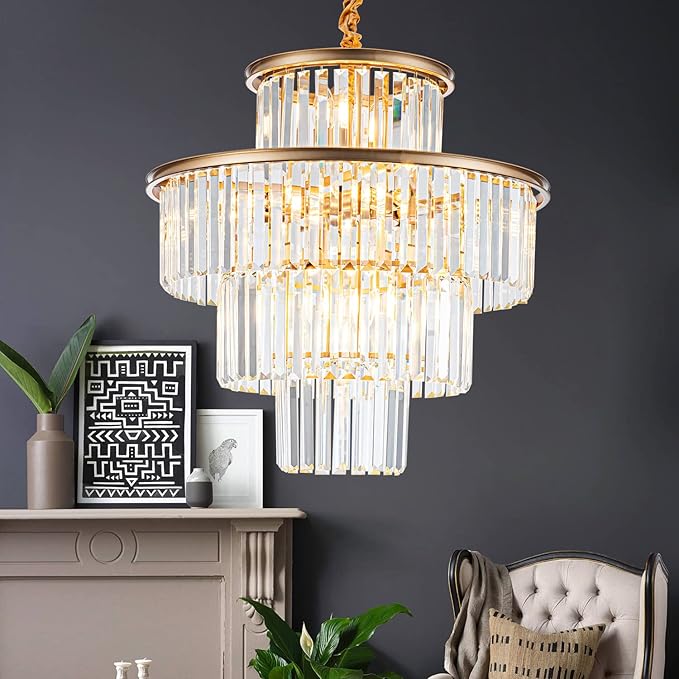 23" 14-Light Modern Crystal Chandelier Light Fixtures 4-Tier Gold Luxury Chandeliers for Dining Room Round Hanging Pendant Lighting for Living Room Kitchen Entryway Bedroom Foyer Hallway