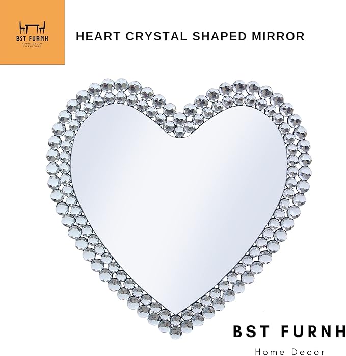 BST Furnishings Heart Shaped Mirror - 24 Inch Decorative Wall Mirror with Crystal Framed Heart