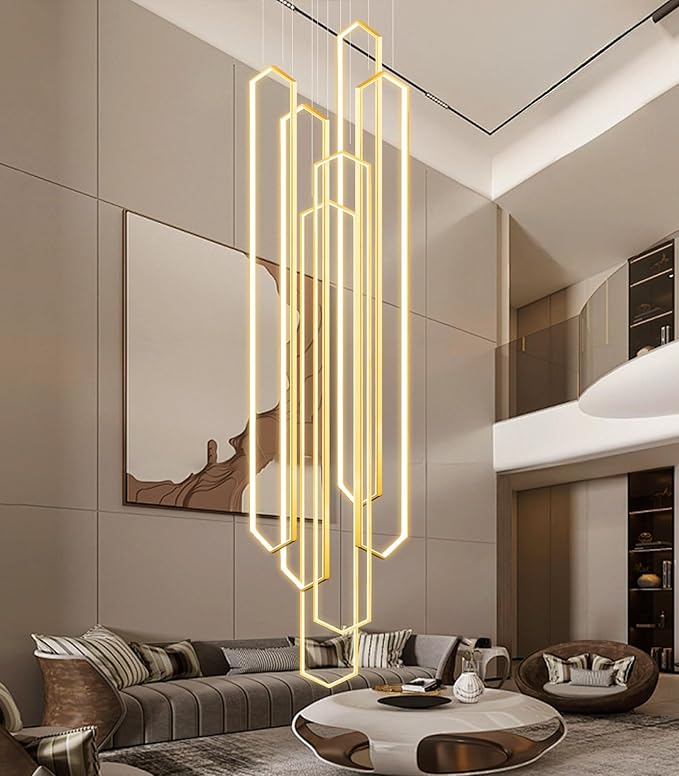 6 Rings Large Chandelier for Staircase Modern High Ceiling Chandelier LED Dimmable Chandeliers for Foyer Living Room Villa Gold