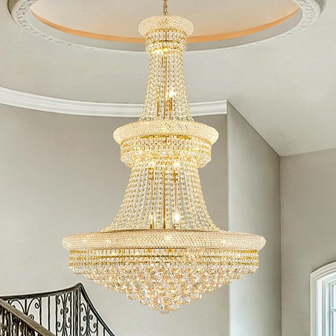 19-Lights Gold Large Crystal Chandelier Light Fixture, 3-Layer Luxury Empire Chandeliers Modern High Ceiling Hanging Chandelier for Living Room,Foyer,Staircase,Entryway (Gold,D31.5 x H47)