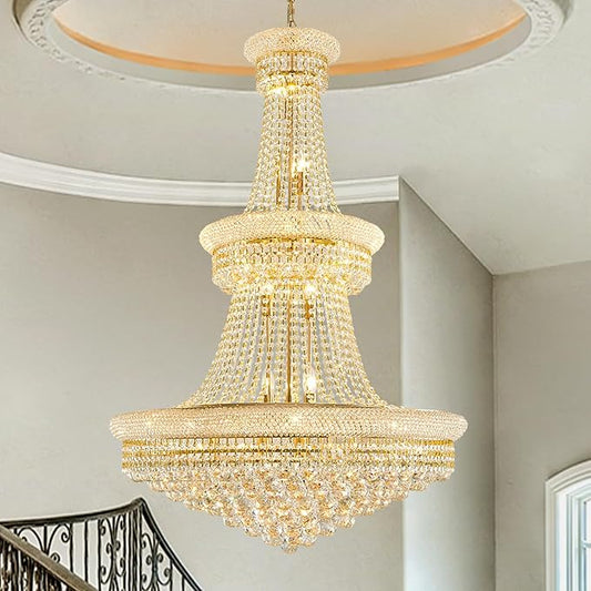 19-Lights Gold Large Crystal Chandelier Light Fixture, 3-Layer Luxury Empire Chandeliers Modern High Ceiling Hanging Chandelier for Living Room,Foyer,Staircase,Entryway (Gold,D31.5 x H47)